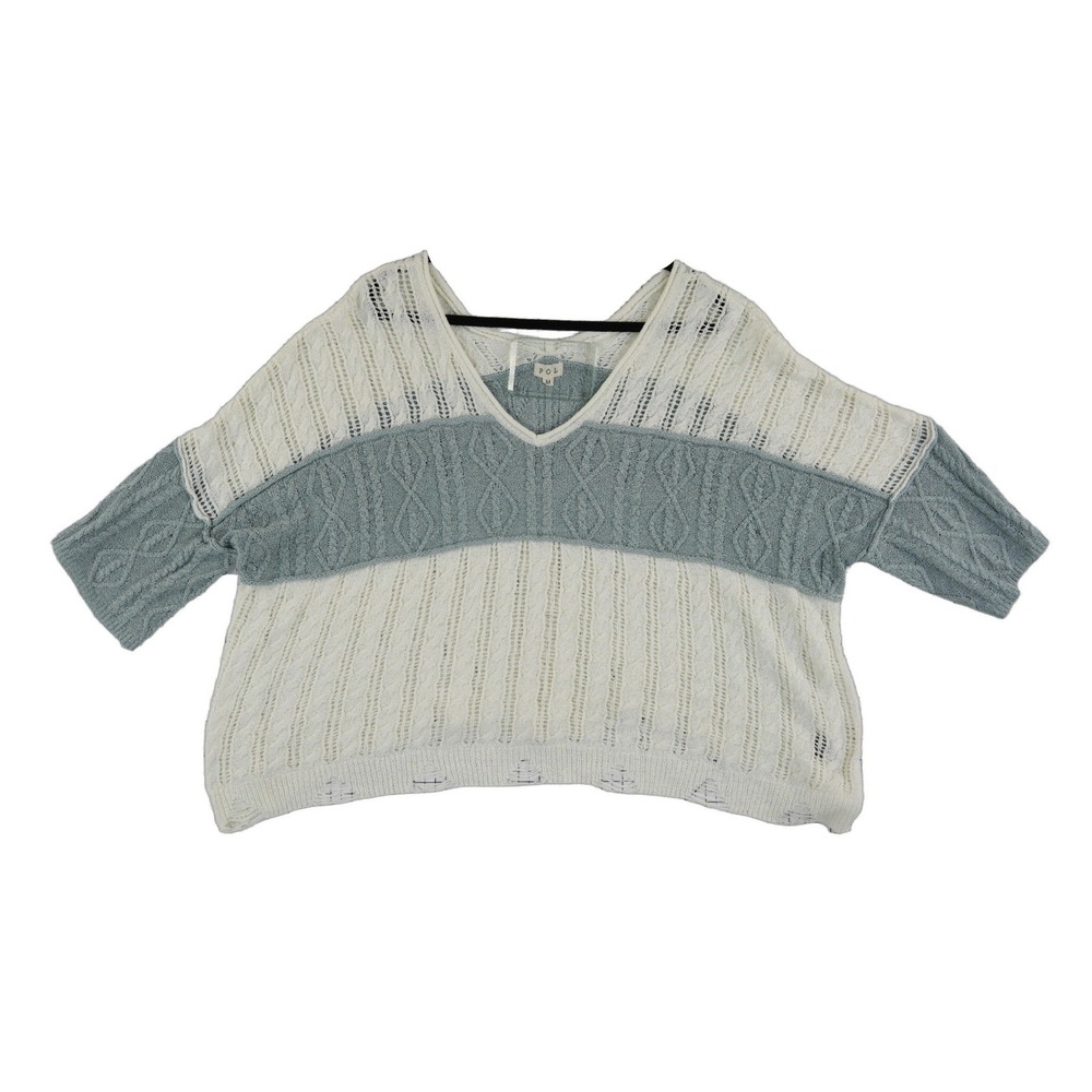 POL Sweater Women's Size Medium Cream Green Cable Knit Distressed V‎ Neck